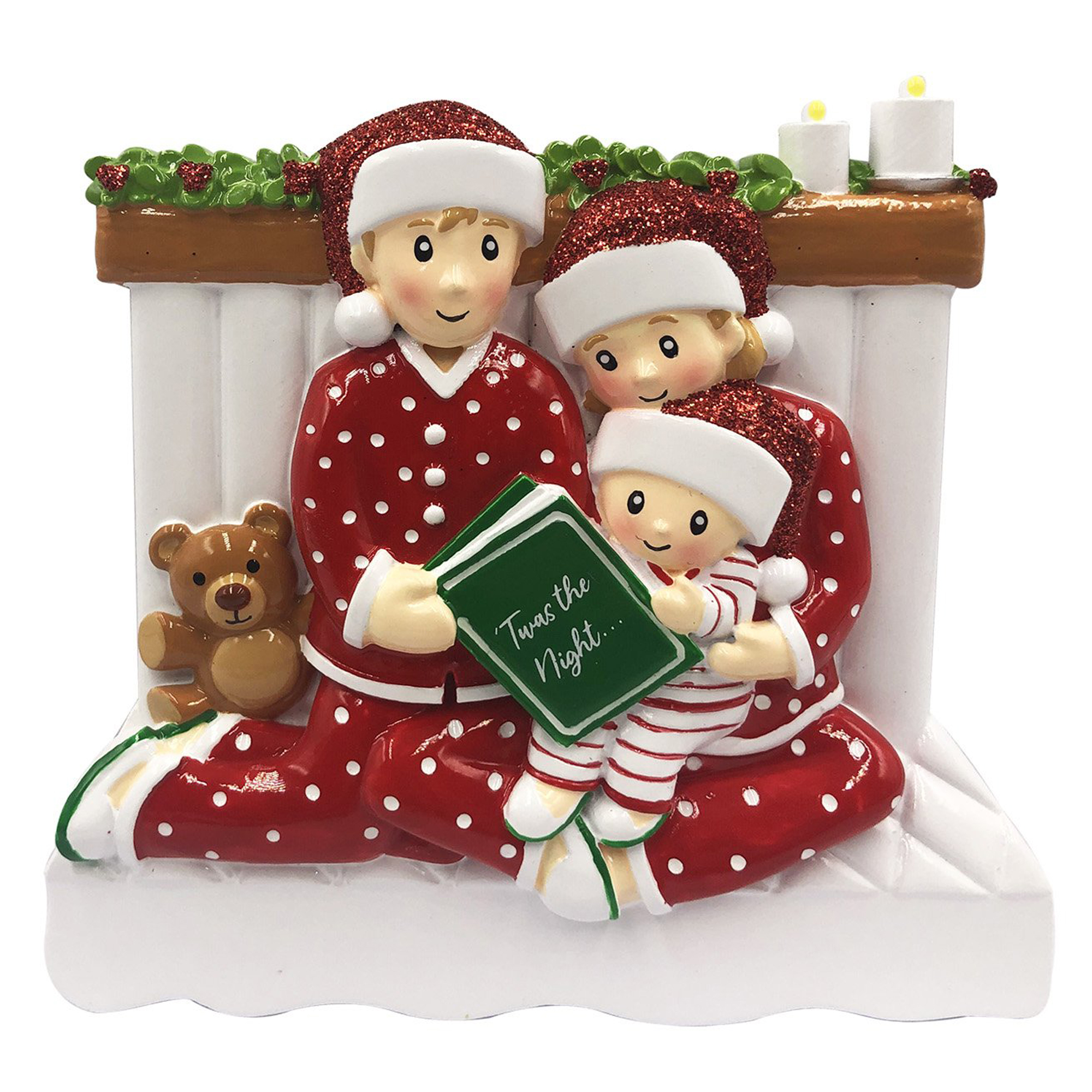 Family Reading in a bed x 3 Personalised Christmas Decoration